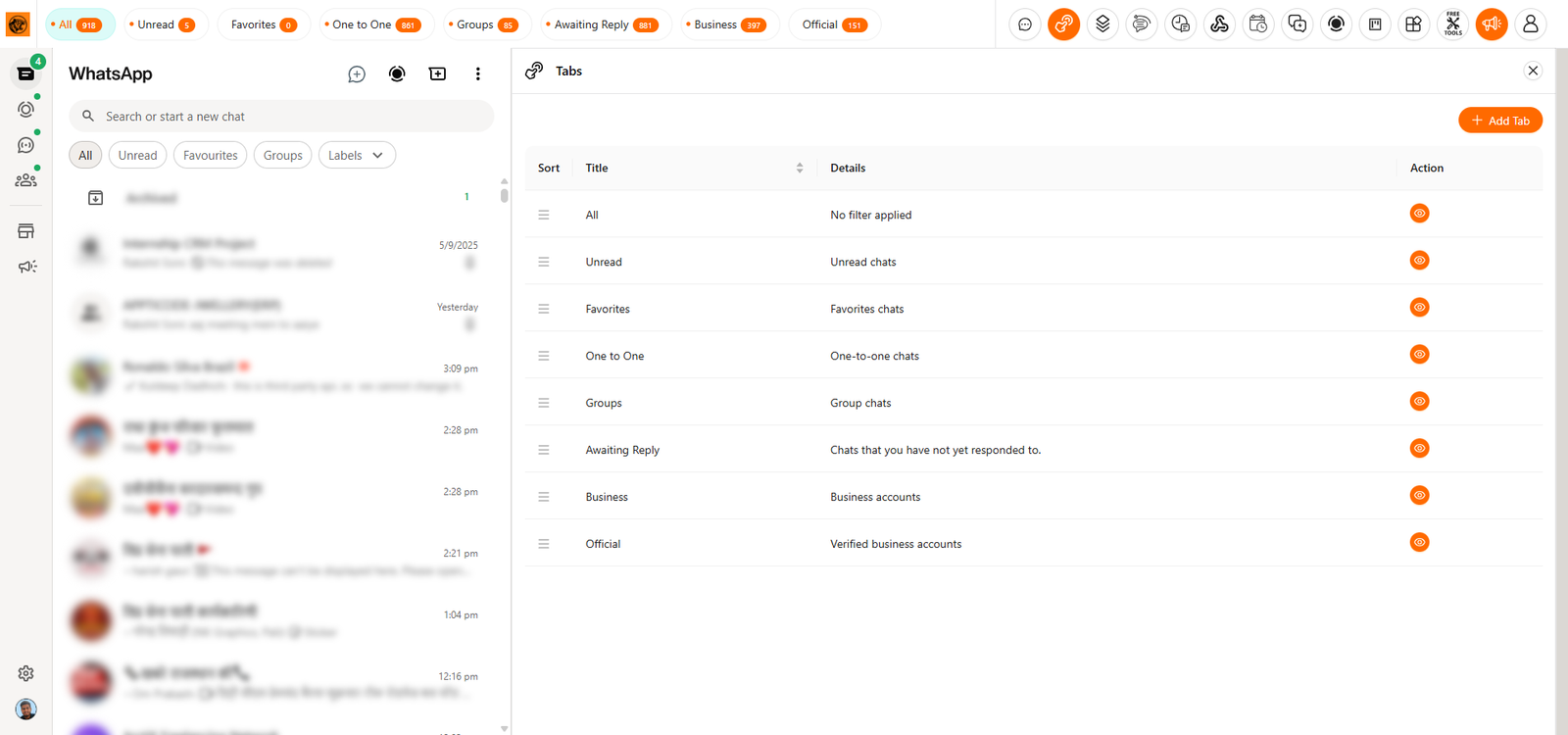 Tiger crm Extension Tabs Features